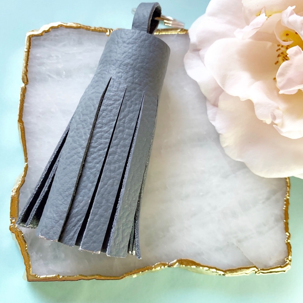 Leather Tassel Keychain Grey with Silver Accents